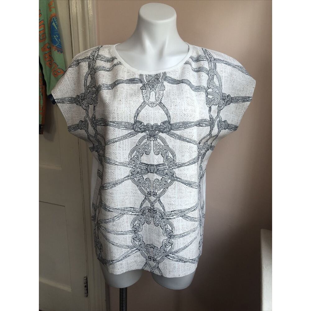Zara Woman Rope Print Grey Cream Medium Short Sleeve T shirt Unfinished hem